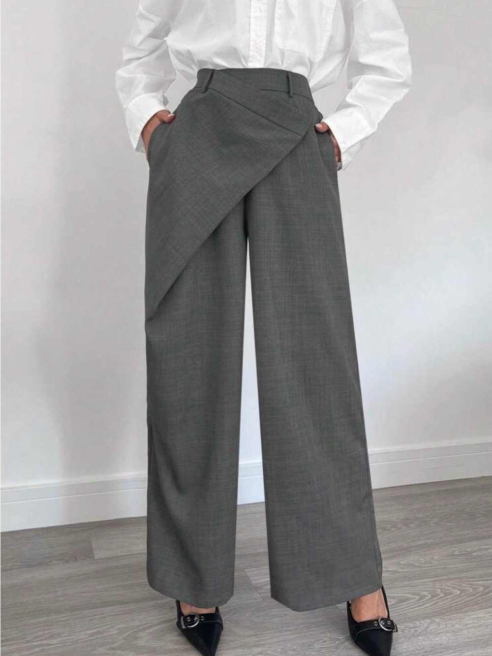 New Arrival! Wide-Leg Draped Front Trousers - Gray